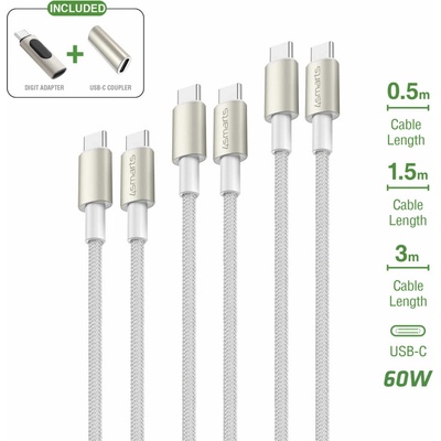 4smarts PremiumCord USB-C to USB-C Cable 60W Set incl. Digit Adapter and Coupler - комплект 3 броя изключително здрави и качествени плетени USB-C кабели за устройства с USB-C порт (бял)