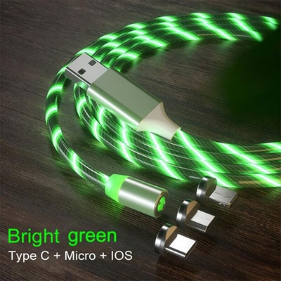 Bomba LED svietiaci magnetický USB kábel 3v1 pre iPhone/Android 1M zelená STL081/GREEN