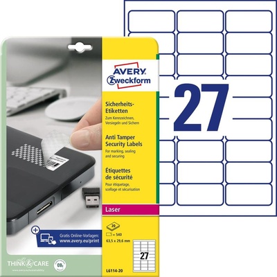 Avery-Zweckform L6114-20 63.5 x 29.6 mm prehľad produktov fólie biela 480 ks trvalé bezpečnostné štítky laser, kópie; L6114-20