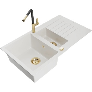 Mexen Matias гранитна мивка с 1, 5 камери, с отцедник и кухненски смесител Flora, бял - 6502-20-670401-57-G (6502-20-670401-57-G)