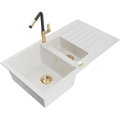 Mexen Matias гранитна мивка с 1, 5 камери, с отцедник и кухненски смесител Flora, бял - 6502-20-670401-57-G (6502-20-670401-57-G)