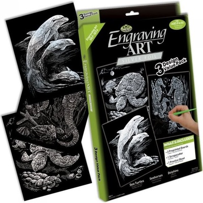 Sada 3 strieborných škrabacích obrázkov Morské zvieratá