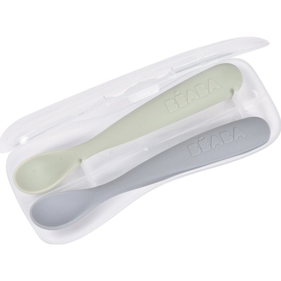 Beaba První lžičky silikonové 2 ks s pouzdrem Pebble Green