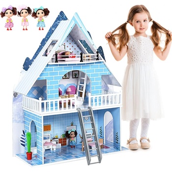 COSTWAY drevený domček pre bábiky, domček pre Barbie s 15 kusmi nábytku