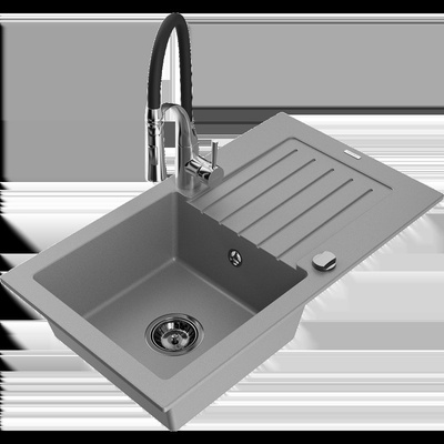 Pablo кухненска мивка от гранит, 1-корито с отцедник и кухненски смесител Aster, сив - 6510-71-73450-07-B (6510-71-73450-07-B)