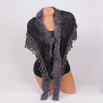 Image 1 of Тъмносив триъгълен шал с черна дантела, пухче и пискюли