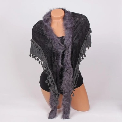 Тъмносив триъгълен шал с черна дантела, пухче и пискюли