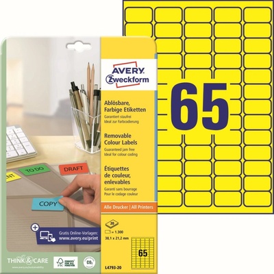 Avery Zweckform L4793-20 Barevné snímatelné etikety 38,1x21,2 mm 1300 ks žluté