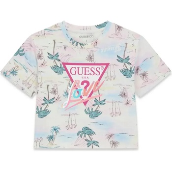 GUESS Къса тениска за момиче с палми и розово лого Guess Love