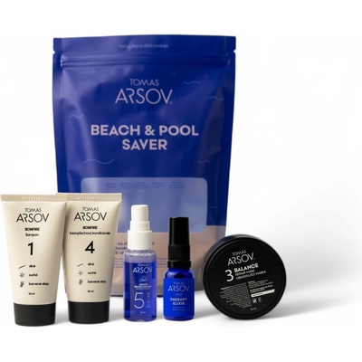 Tomas Arsov BEACH & POOL Saver BONFIRE Šampon 50 ml + Obnovující maska 50 ml + Bezoplachový kondicionér 50 ml + Keratinová ochranná mlha 30 ml + Marulový olej s vitamínem E 10 ml set