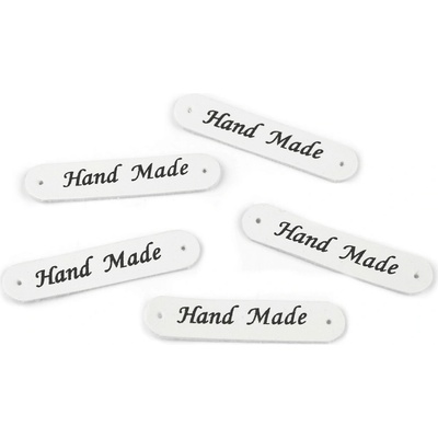 Nášivka / štítek z eko kůže Hand Made 10x48 mm - bílá mat (5 ks)
