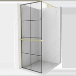 Mexen Kioto+ душ стена с рафт Walk-in 90 x 200 см, черна решетка, златисто четкано - 800-090-121-55-77 (800-090-121-55-77)