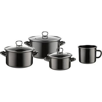 EMALIA Sada 3 smaltovaných hrnců s pokličkami i kubkiem POLSKA PLESZEW METALICO