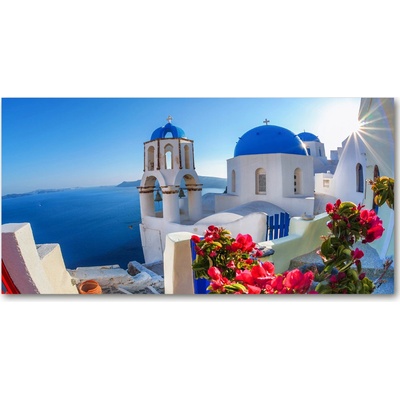 Fotoobraz sklenený na stenu do obývačky Santorini Grécko 100x50 cm