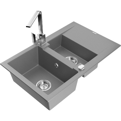 Mexen Gaspar мивка от гранит 1, 5-камерна с отцедник и кухненски смесител Rita, сив - 6507-71-670300-00 (6507-71-670300-00)