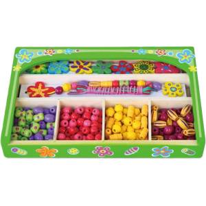 Viga Toys Дървен комплект Viga - Мъниста за нанизване в кутия, Цветя (52730)