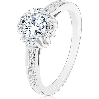 Šperky eshop zásnubní prsten stříbro 925 zářivý čirý zirkon dvojice drobných zirkonků M03.17