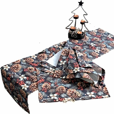 LKV Lomnice Vánoční set: běhoun + 4 ks prostírání tmavě modrá s motivem šišek 50x120cm