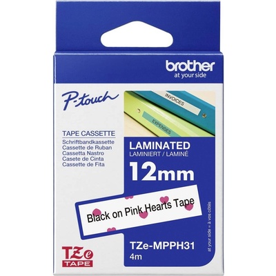 etikety Brother TZe, TZ TZe-MPPH31 Barva pásky: bílá (s růžovými srdíčky) Barva písma:černá 12 mm 4 m