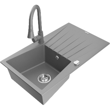 Mexen Cesar еднокоморна мивка от гранит с отцедник и кухненски смесител Elia, сив - 6514-71-670101-71 (6514-71-670101-71)