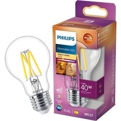 Philips LED žiarovka E27 A60 3,4W = 40W 470lm 2700 Warm Filament Stmievateľná