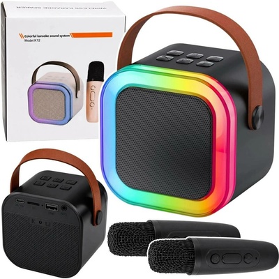 Bezdrátový karaoke set K12 bluetooth reproduktor se dvěma mikrofony a LED světly černý