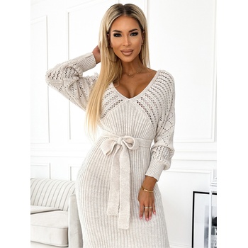 Numoco Ажурна пуловерна рокля с деколте и връзки - бежова Numoco numoco | Bezhov | ЖЕНИ | ONE SIZE
