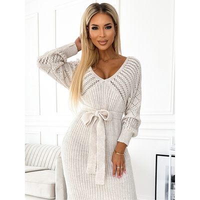 Numoco Ажурна пуловерна рокля с деколте и връзки - бежова Numoco numoco | Bezhov | ЖЕНИ | ЕДИН РАЗМЕР