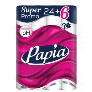 Papia 24+6бр Тоалетна Хартия Трипластова Бяла Папия/ Papia (р-824390)
