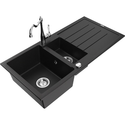 Mexen Andres гранитна мивка 1, 5-компартментна с отцедник и кухненски смесител Carla, черен - 6515-77-670700-00 (6515-77-670700-00)