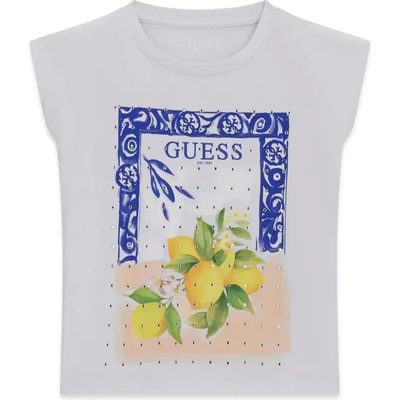 GUESS Бледо синя Oversize тениска за момиче с лимони и кристали Guess