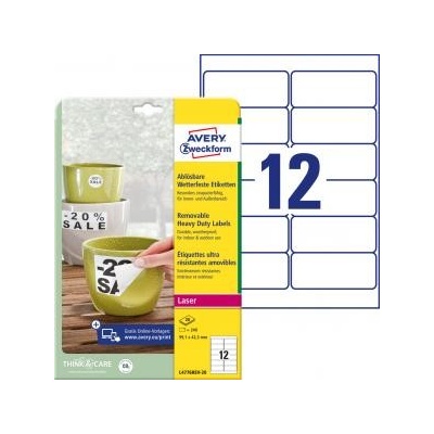 Etikety polyesterové veľmi odolné 99,1x42,3mm Avery A4 biele odnímateľné 20 hárkov