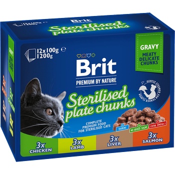 Brit Premium by Nature STERILISED PLATE CHUNKS 1200 g (12x100 g)-паучове за котки с различни вкусове