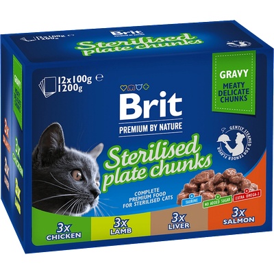 Brit Premium by Nature STERILISED PLATE CHUNKS 1200 g (12x100 g)-паучове за котки с различни вкусове