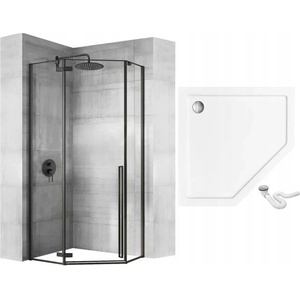 Rea Душ кабина Rea Diamond черна петоъгълна с бяла люлееща се врата 90x90 (5902557345212+5902557360208)