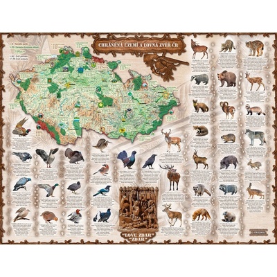 Excart Maps Chráněná území a lovná zvěř ČR - nástěnná mapa 160 x 120 cm Varianta: bez rámu v tubusu, Provedení: laminovaná mapa v lištách