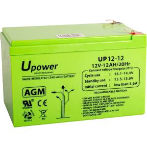 Master U-Power U-Power AGM Battery 12V 12Ah, VRLA lead-acid battery, maintenance-free, rechargeable, Faston F2 (6.3 mm), for alarm systems, UPS, security & electronics