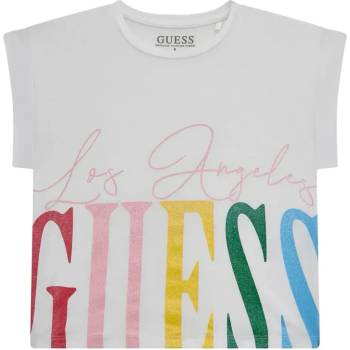 GUESS Къса тениска за момиче в бяло с голям многоцветен надпис Guess