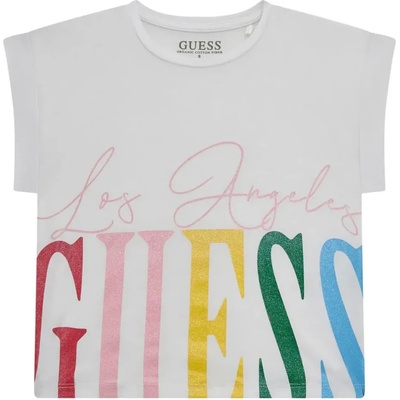 GUESS Къса тениска за момиче в бяло с голям многоцветен надпис Guess