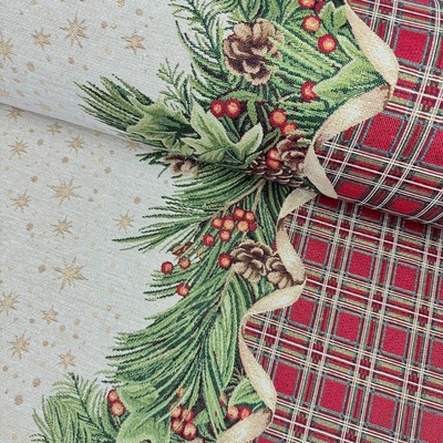 Gobelín Vianoce Obrus - Vianočené karo s hviezdami a šiškami