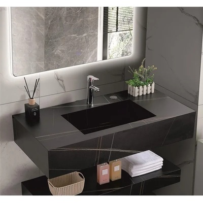 Inter Ceramic Мивка за баня PIETRA / ICL 12049/80B, стенен монтаж, кварц, черен, 80x50x18см (12049/80B)