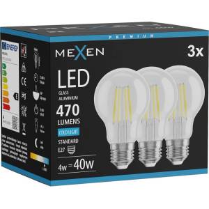 Mexen Vintis 3x LED нажежаема жичка E27, A60, 4W, Студена - 6500K, 470 lm, прозрачно (L150-E27-0465-00x03)