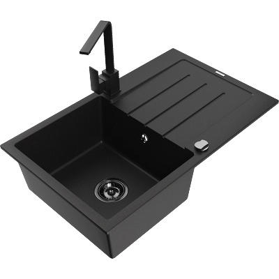 Mexen Bruno гранитна кухненска мивка с 1 корито с отцедник и кухненски смесител Rita, черен - 6513-77-670300-70-B (6513-77-670300-70-B)