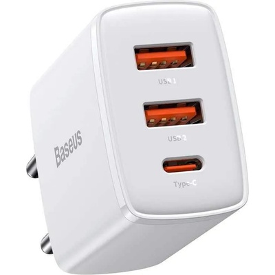 Baseus Compact Quick Wall Charger 30W (CCXJ-E02) - захранване за ел. мрежа с 2хUSB-A и USB-C изходи и технология за бързо зареждане (бял)