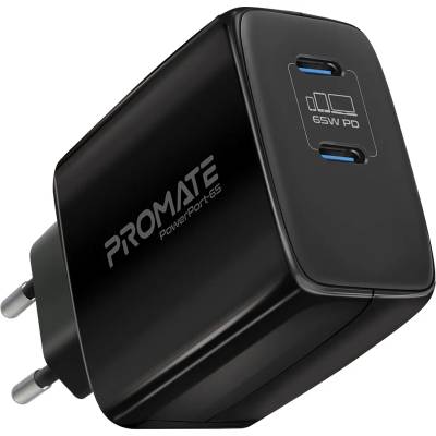 Promate Зарядно 220V ProMate, POWERPORT-65, 65W Super Speed GaNFast Charging Adapter with Dual USB Ports Smaller and Lighter Dual USB-C Device Charging, Черен