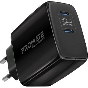 Promate Зарядно 220V ProMate, POWERPORT-65, 65W Super Speed GaNFast Charging Adapter with Dual USB Ports Smaller and Lighter Dual USB-C Device Charging, Черен