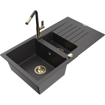 Mexen Matias гранитна мивка с 1, 5 отделения, с отцедник и кухненски смесител Flora, черен на пръски - 6502-76-670401-57-G (6502-76-670401-57-G)