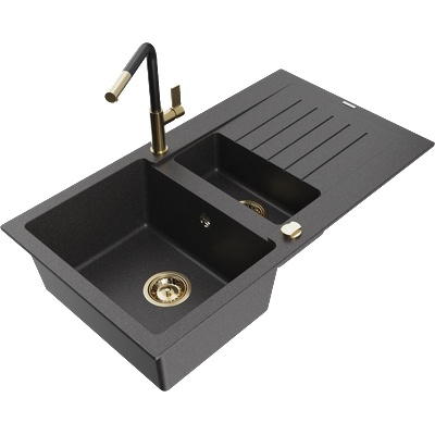 Mexen Matias гранитна мивка с 1, 5 отделения, с отцедник и кухненски смесител Flora, черен на пръски - 6502-76-670401-57-G (6502-76-670401-57-G)