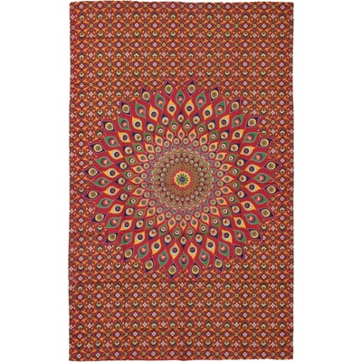 Sanu Babu přehoz na postel červeno-žlutý s Mandalou z pavích per 200 x 130 cm