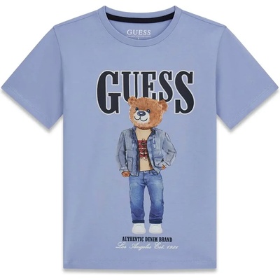 GUESS Светло синя тениска за момче с тъмносин надпис Guess с цветно мече
